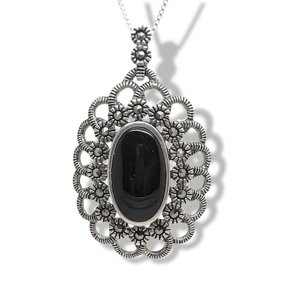 Vintage Oval Onyx Sterling Silver 925 Marcisite Elizabethian Style Pendant 18" - Picture 6 of 6